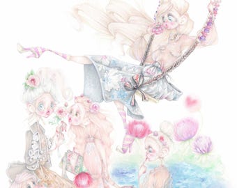 Marie Antoinette Fendi fashion illustration versailles fragonard flowers art print
