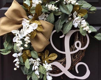 Front Door Wreaths - Summer Wreath - Monogram Wreath - Everyday Wreath - Year Round Wreath - Wreath with Initial - Greenery Wreath - Wreaths