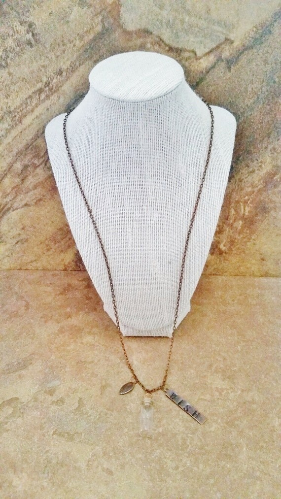 Make a Wish necklace. 30 in. length. Glass Bottle
