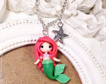 Fimo Polymer Clay necklace Chibi Cute Kawaii Ariel Disney Princess Little Mermaid Princess Mermaid Siren Charms tiny Handmade Gift Star Sea