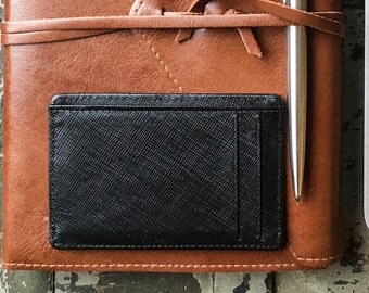 slim wallet / saffiano leather / leather card case / credit card holder / RFID blocking / multiple slots / minimalist / real leather