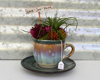 Miniature Tea Cup Garden, Love Joy Hope and Tea Inspirational Tea Lover Gift, Pottery Tea Cup Decor, Succulent Gift, Tea Theme desktop decor