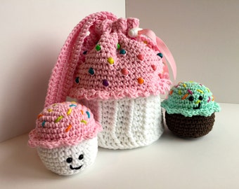 Amigurumi Cupcake Bag, Amigurumi Cupcakes, Pink, White, Crochet, Cupcake Purse