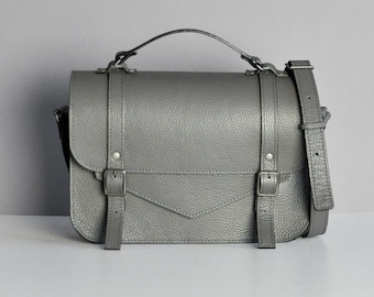 Dark Grey Leather satchel with a long strap