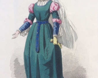 Hand-coloured original antique print by Francois Claudius Compte-Calix - Historical Costume - Epoque de Henri II - French Fashion