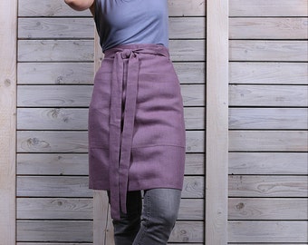 Linen half apron / Cafe apron / Women's and mens half cafe wrap apron / lavender
