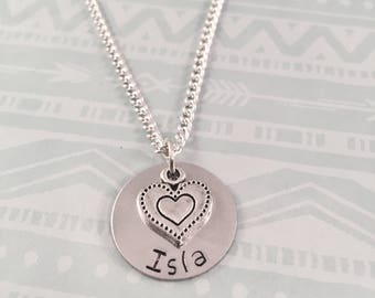 Name Necklace, Personalized Heart Necklace, Mothers necklace, custom necklace, little girl necklace, party favor, hand stamped, Gift for her