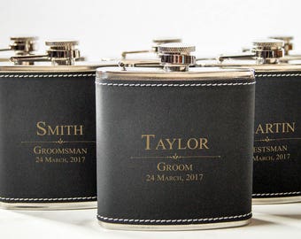 Personalized Set Of 6 Flasks, Groomsmen Wedding Gift, Best Man Leather Flasks, Customized Wedding Flasks, Engraved Leatherette Flasks