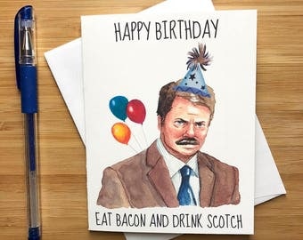 Ron Swanson Birthday Card, Parks and Rec Gift, Parks and Recreation Birthday Card, Bacon, Happy Birthday, Funny Birthday Card, Bday Card