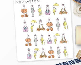 Planner Stickers Fall, Pumpkin, Rainy Eunice The Unicorn Stickers for Erin Condren, Happy Planner, Filofax, Scrapbooking