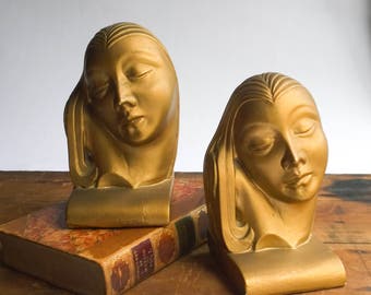 Antique Art Deco Woman's Head Bookends