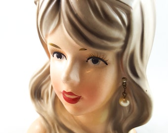 Teenage Lady Head Vase with white hair Bow Relpo K1838