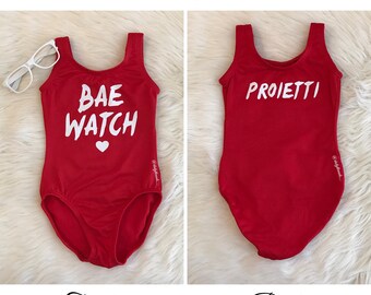 BAE WATCH glitter Red Leotard with Custom Name in Back / Flutter / short / long sleeve / tank / sleeveless / Beach / Baywatch inspired