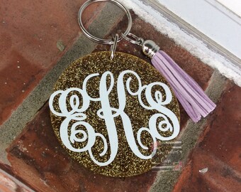 Monogram Keychain, Gold Glitter Monogram Key chain, Keychain with tassel , Monogram Gift , Glitter Key Chain, Monogram Car, Name Gift