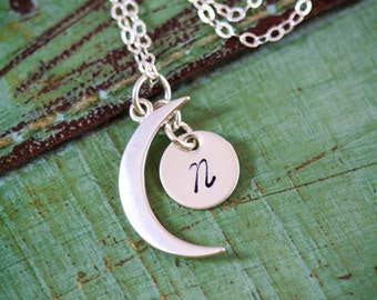 SALE • Crescent Moon Necklace Sterling Silver Moon Charm • Small Moon Tiny Miniature Moon Jewelry • Custom Initial Friend Gift Moon Thin