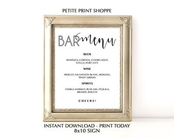 Wedding Bar Menu Sign, Wedding Bar Menu Template, Wedding Drinks Sign, Wedding Bar Sign, Instant download, Digital, Calligraphy, PDF, PPS08