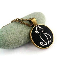 Cat lady gift|for|her Cat necklace Animal necklace Embroidered jewelry gift|for|friend Black Cat silhouette necklace Cat lover gift|for|mom