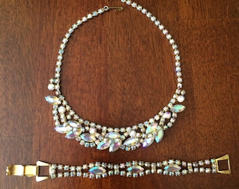 Vintage Aurora Borealis Rhinestone Necklace & Bracelet Set