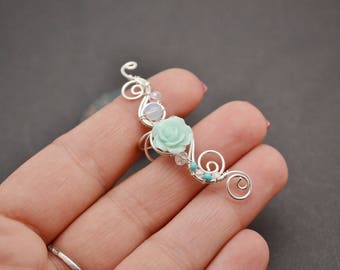 Mint ear cuff Bohemian earrings Wedding gift Flower earrings Bridal ear cuff Bridal earrings Fake piercing Statement earrings Mint earrings