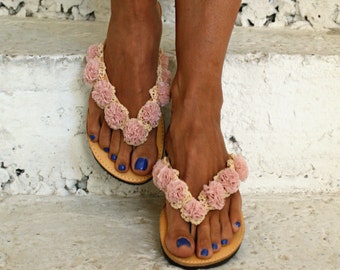 Romantic Sandals/ Flower sandals/ Handmade sandals/ leather sandals/ Flower lace shoes/ Crocheted sandals/Lace sandals/ Flip flops/ "AMELIE"