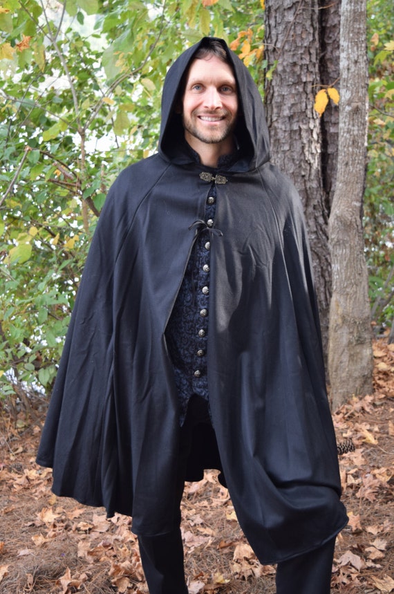 BLACK WOOL cloak / cape with hood lined Medieval