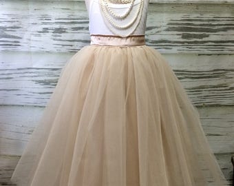Free Shipping to USA Custom Made Girls Champagne with Ivory Overlay Floor Length Tulle Skirt -for Flower Girl,Rustic Wedding