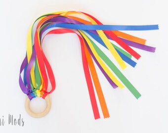 Rainbow Hand Kite and Organic Wooden Ring / Toddler Toy / Sensory Toy / Baby Easter Basket Gift / Valentines gift toy / UK Seller