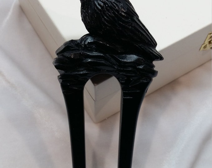 Hair fork. Wooden hair fork. Wooden hairpin black crow. Hair stick 2 prong. Wood carving crow. Wooden black raven. Hair clip black raven.