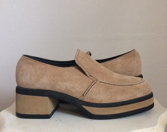 Leather platform loafers, 90s, chunky heels, Hush Puppies, 7 1/2, *vintage*