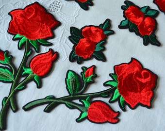 Red big flower patch, Embroidery Patch-Iron, Rose patch, Red floral applique, Embroidered applique, Flower applique, Decor clothes, bags