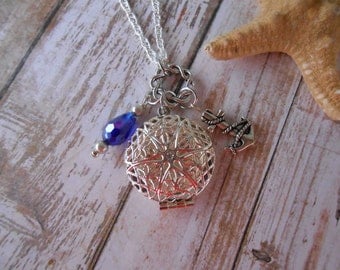 Silver Diffuser Necklace with Anchor Charm and Blue Glass Bead accented with pearls