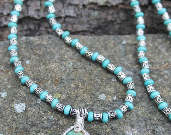 Turquoise Beaded Southwestern Style Necklace, Handmade Cabochon w/ Sterling Silver Wire Wrap Pendant, Wire Weave Jewelry, Gift for Her