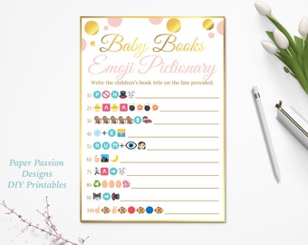 Baby Books Emoji Pictionary Game ~Pink and Gold Baby Shower Game ~ Baby Girl Polka Dot ~ Printable Game PGld20