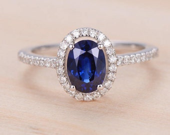 Oval Cut Sapphire Ring White Gold Engagement Ring Halo Half Eternity Diamond Bridal Set Women Birthstone Antique Anniversary Gift For Her