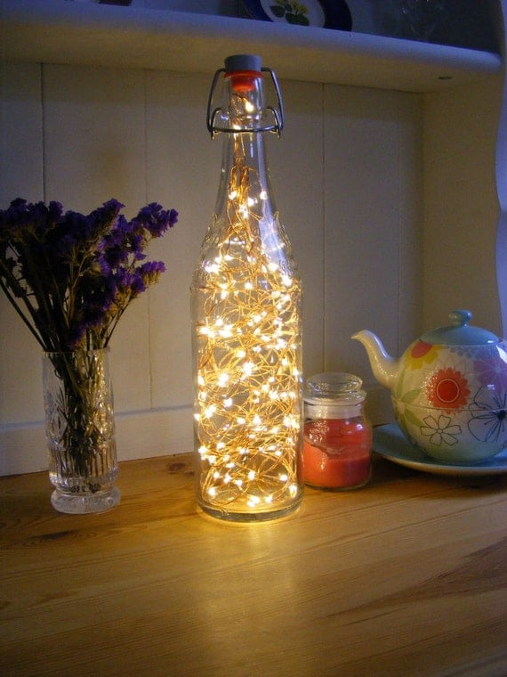 Items similar to Glass Bottle Lamp, fairy lights bottle, wine bottle