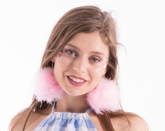 FEATHER POM POM Earrings - Pastel Pink Fluffy with hook or clip on
