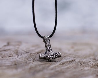 Thor's Hammer Mjolnir Pendant with Mammen Ornaments Handmade Sterling Silver Viking Jewelry