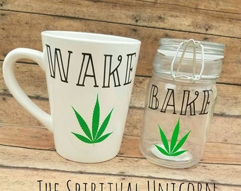 Wake & Bake gift set | Marijuana Mug | Coffe mug | Stash jar |