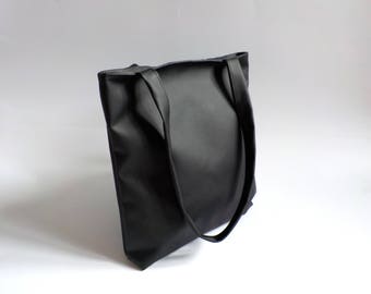 Black leather tote bag, vegan leather shopper, large custom shoulder bag, faux pu leather hobo purse, minimalist man bag, leather handbag