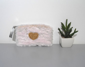 Pink Handbag, Trousse, Make up Bag, Cosmetic Bag, Handbag for Miscellaneous Items, Light Pink Fur Handbag, Heart Handbag.
