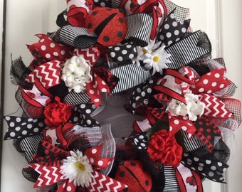 Ruffled Lady Bug Wreath Red, white and black spring wreath Ladybugs and polkadots