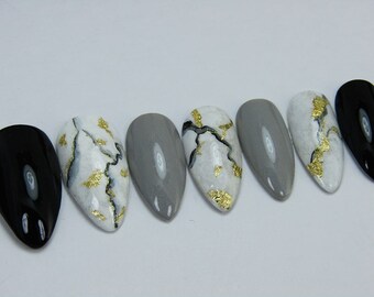 Black Gold Foil Marble Press On Nails | Fake Nails | Handpainted Nail Art | Any Shape and Size | Made to Order | !Ever Be
