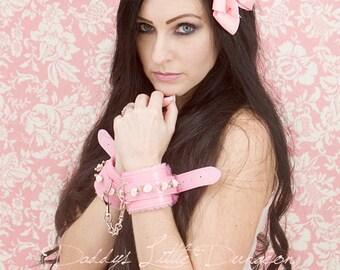 DDLG Pretty Pink Furry BDSM Bondage Hand Wrist Cuffs Flowers Roses Submissive Girly Sub Dainty Daddys Little Girl Kitten Kawaii ABDL mature