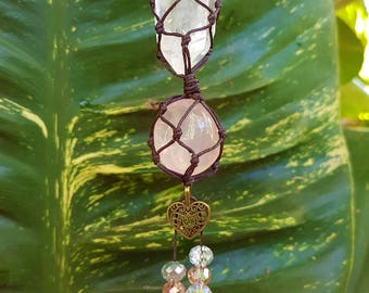 Rear view mirror charm, Clear Quartz point and Rose Quartz car charm, Crystal car charm, Car mirror charm, Car totem, Car accessory
