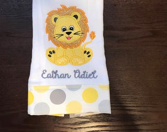 Personalized Embroidered baby lion Burp Cloth, baby shower gift, burp rag, diaper, yellow and gray burp cloth.