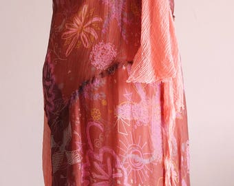 Printed silk Empire dress pink pleated effect