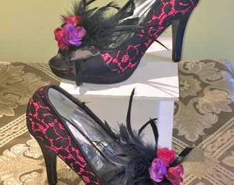 Black Lace Heels with Flowers, Lace and Feathers