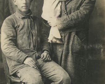 vintage photo American Man Work Clothes Cap Mother Child Studio RPPC