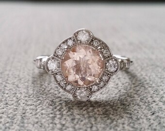 Estate Halo Moraganite Diamond Antique Engagement Ring Victorian Art Deco Peach Pink Edwardian 14K White Gold "The Charlotte"