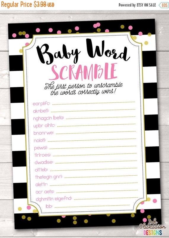 50% OFF SALE Printable Baby Shower Game Baby Word Scramble for Girls Black Stripes and Pink 